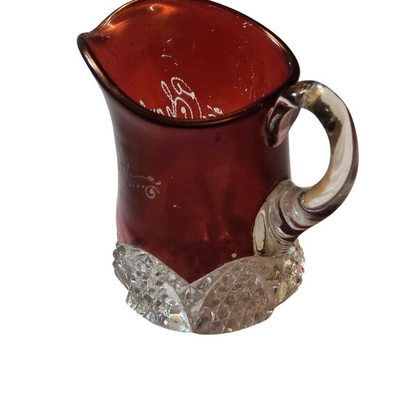 Antique 1909 Ruby Red Flash Glass Pitcher Small Etched Signature Clear Base - Picture 15 of 16